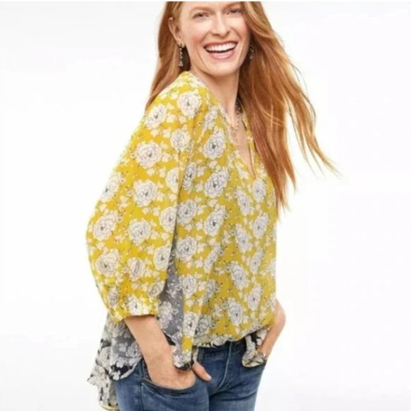 CAbi Tops - CAbi Ameila Gather Yellow Floral Sheer Peasant Blouse